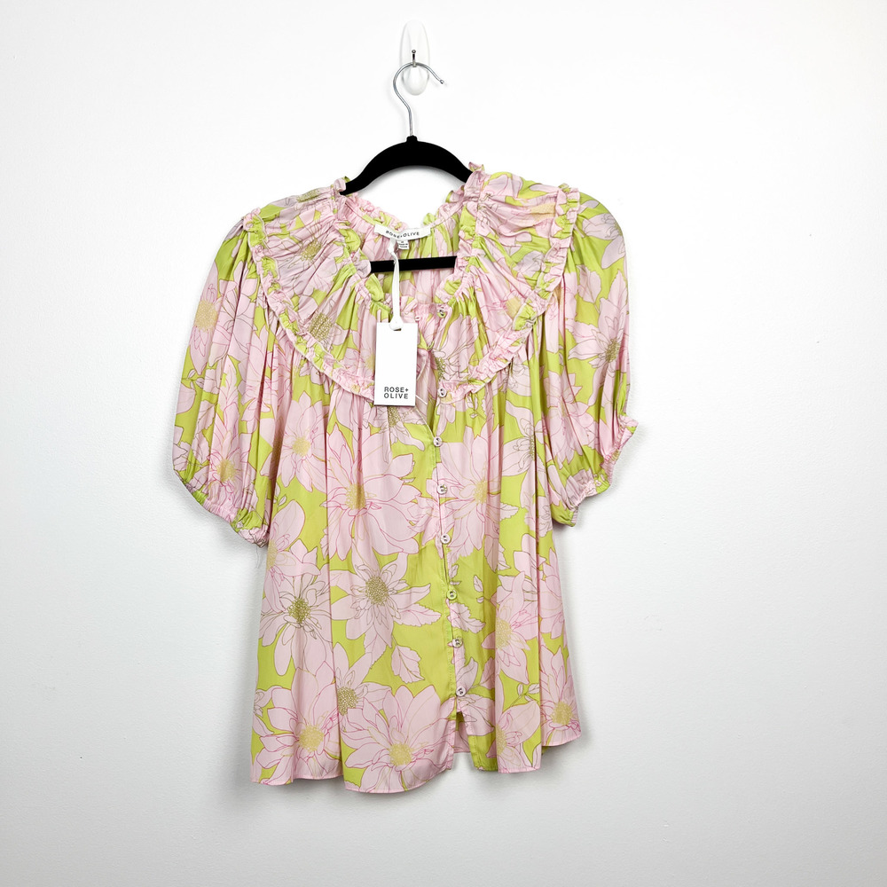 NWT Rose & Olive Short Sleeve Pink & Green Floral Top